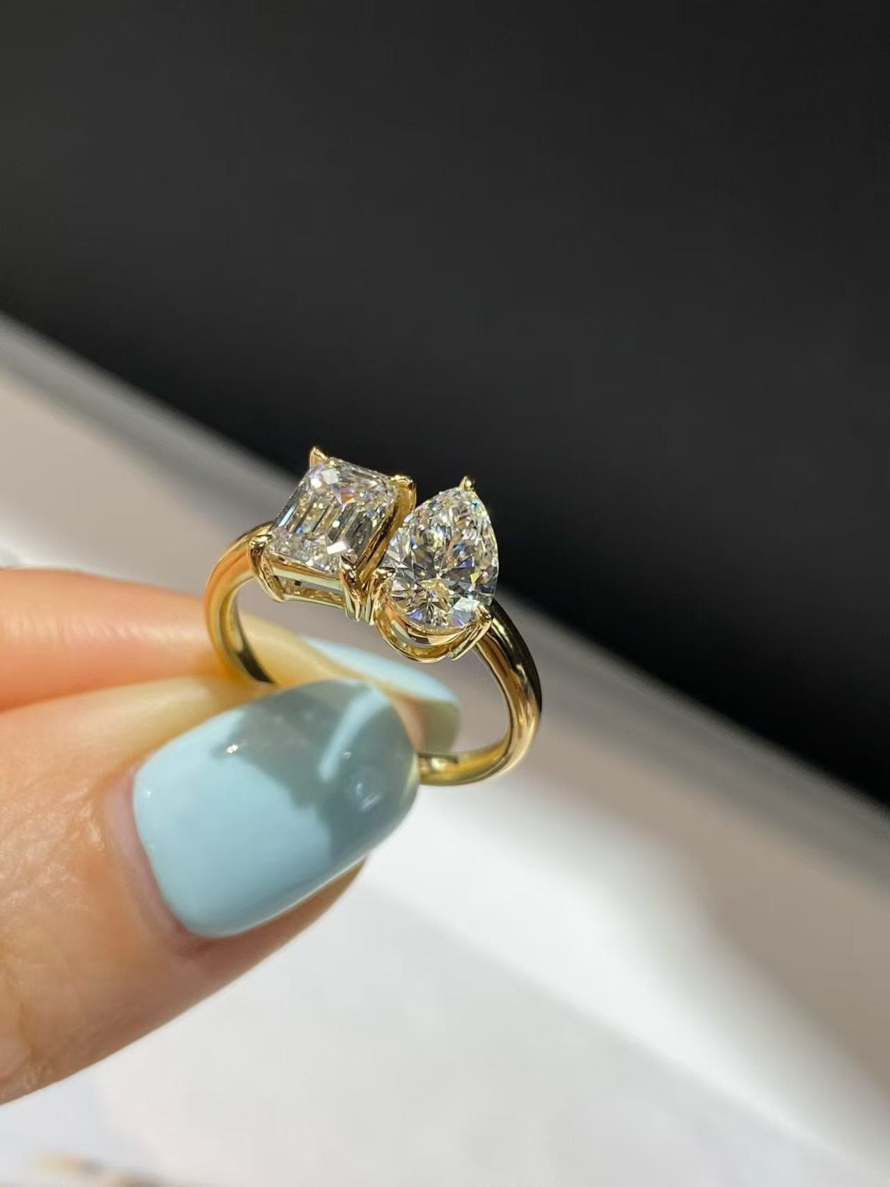 Emerald & Pear Two-Stone Bypass Lab Diamond Ring | 2.180ct D Color | 18K Solid Yellow Gold | TR00196