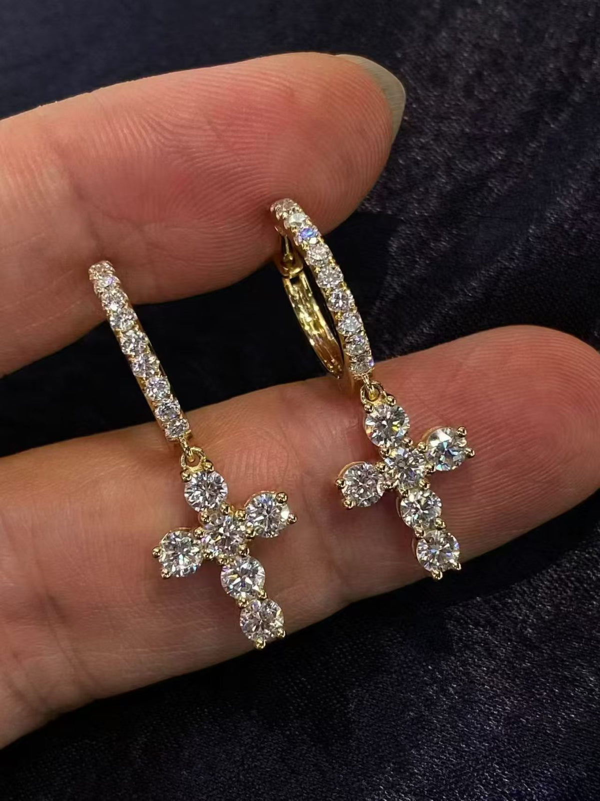 18K YG 1.78ct Cross Drop Hoop Earrings