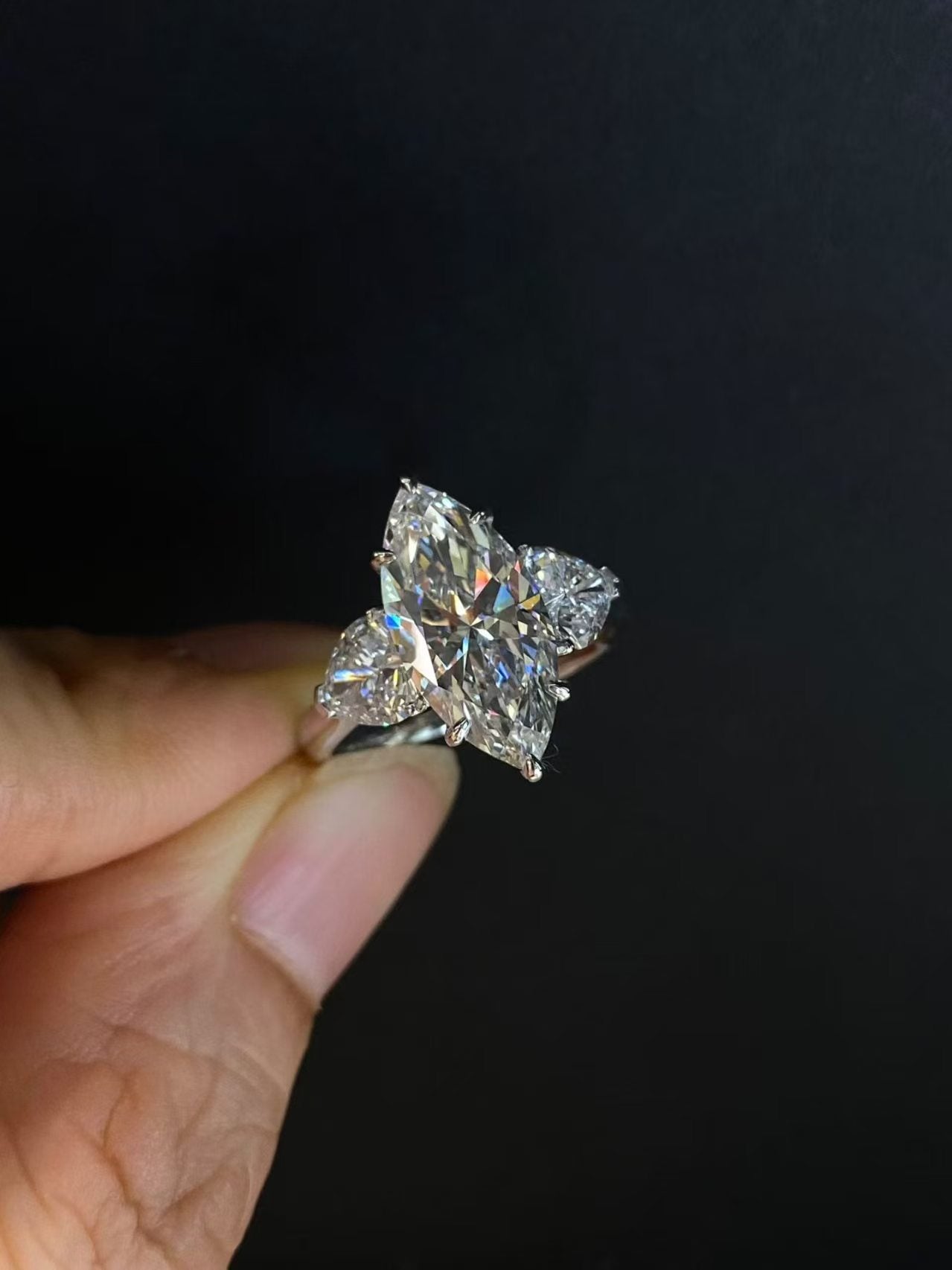 Marquise & Pear Three-Stone Lab Diamond Ring | 3.00ct D Color | 18K Solid White Gold | TR00152