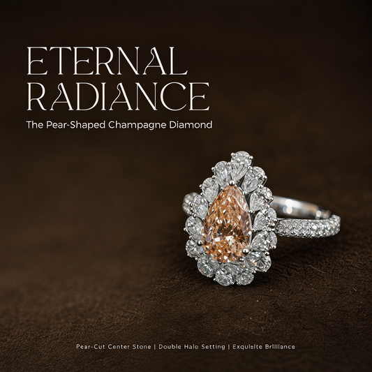 18K Gold Lab-Grown Champagne Diamond Pear-Shaped Double Halo Ring - Eternal Radiance