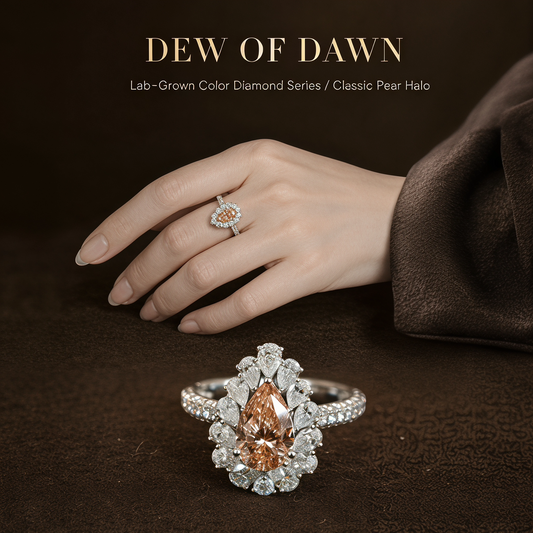 18K Gold Lab-Grown Champagne Diamond Pear-Shaped Double Halo Ring | IGI Certified