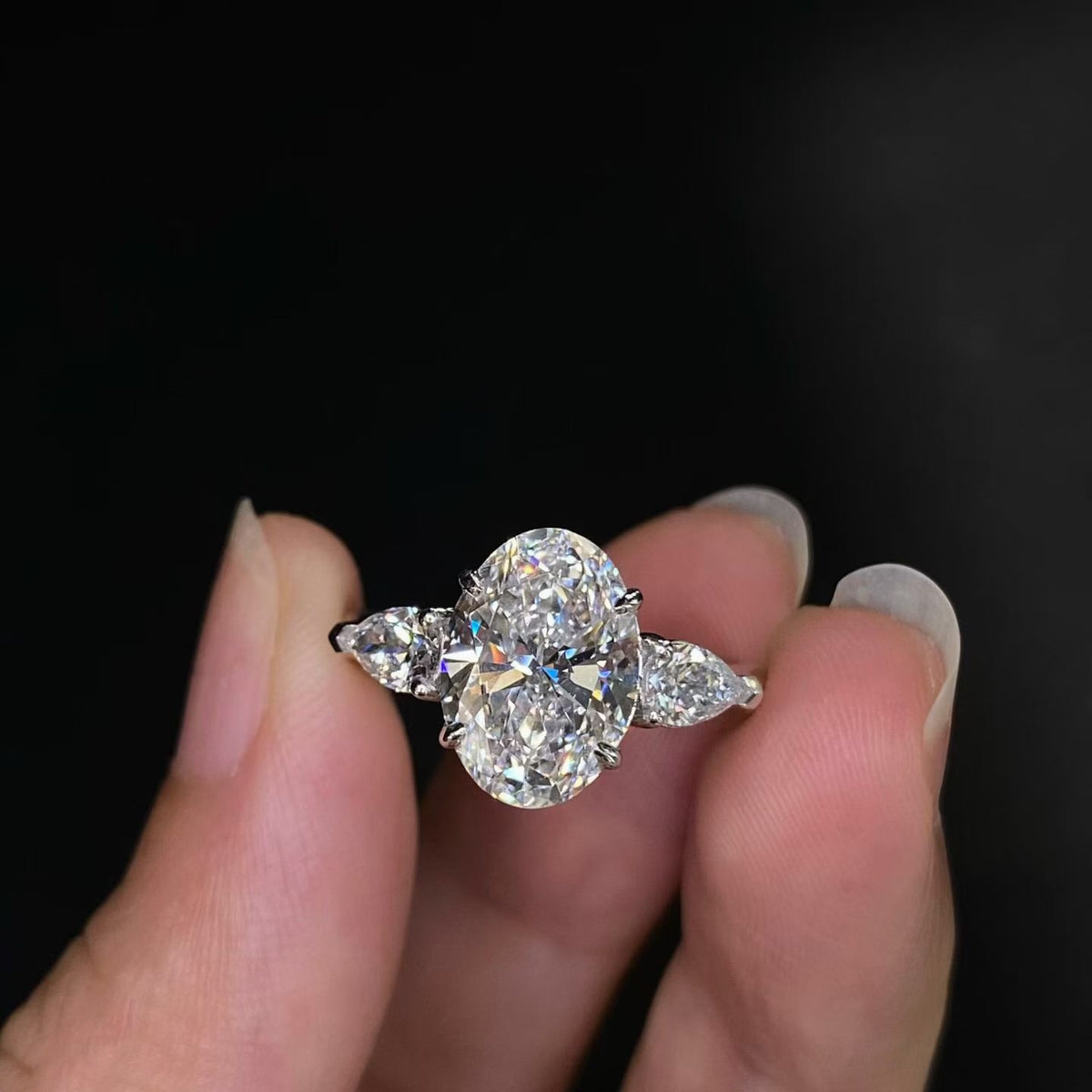 Oval & Pear Three-Stone Lab Diamond Engagement Ring | 3.08ct D Color | PT950 Solid Platinum | TR0015