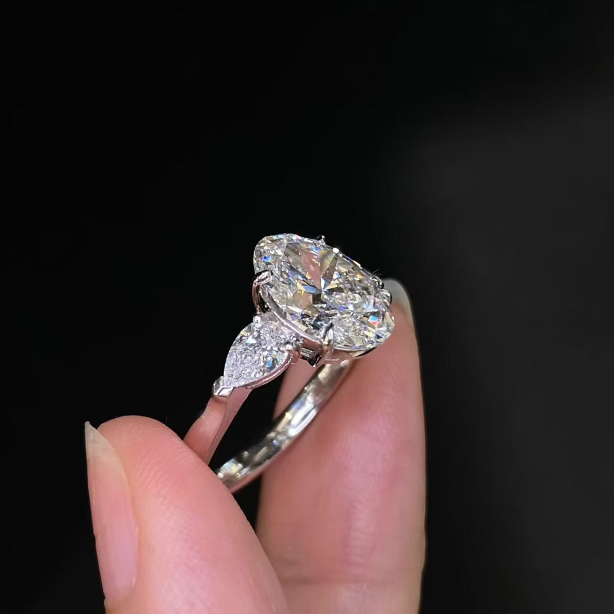 Oval & Pear Three-Stone Lab Diamond Engagement Ring | 3.08ct D Color | PT950 Solid Platinum | TR0015
