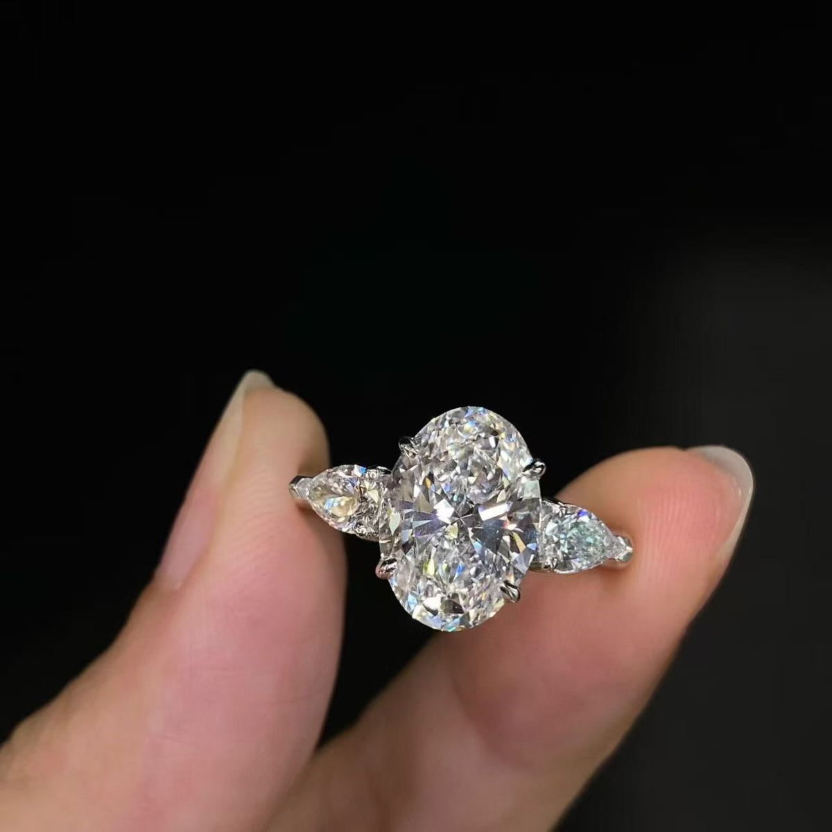 Oval & Pear Three-Stone Lab Diamond Engagement Ring | 3.08ct D Color | PT950 Solid Platinum | TR0015