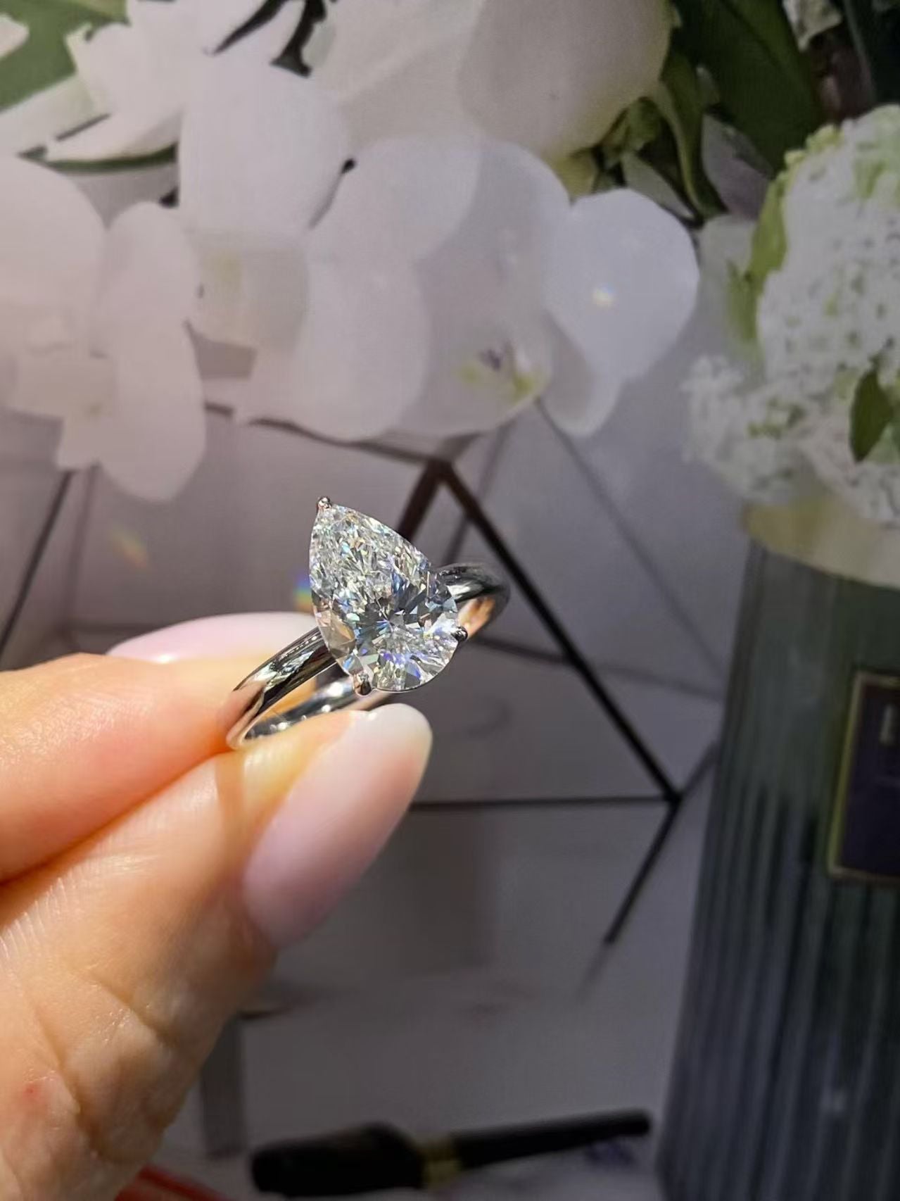 Pear Solitaire Lab Diamond Engagement Ring | 2.07ct D Color | 18K Solid White Gold | TR0023