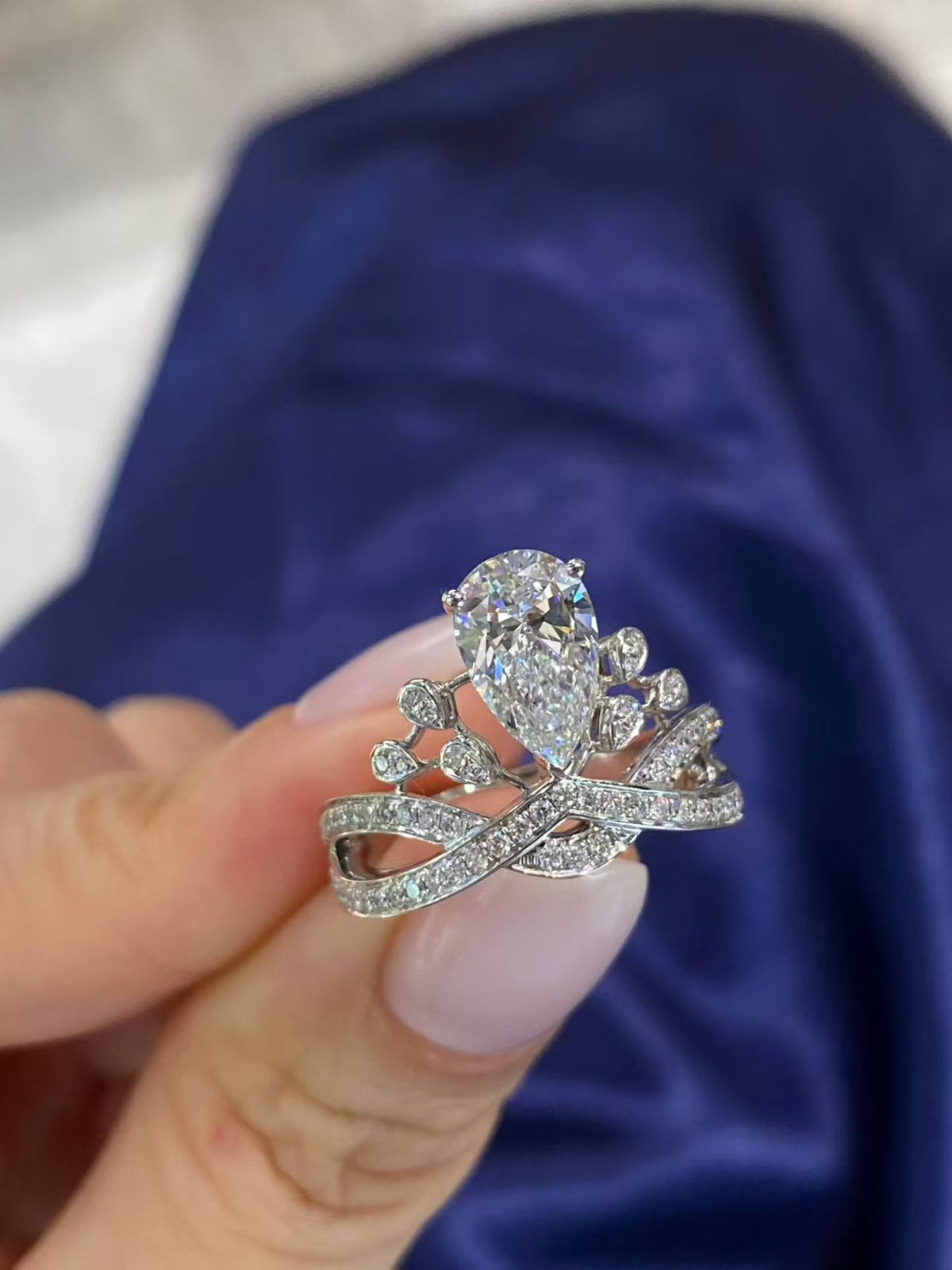 Pear Twisted Vine Lab Diamond Accent Ring | 1.52ct D Color | 18K Solid White Gold | TR00189