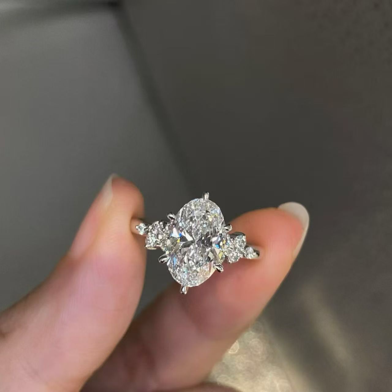 Oval Shoulder Accent Lab Diamond Engagement Ring | 2.00ct D Color | 18K Solid White Gold | TR00110