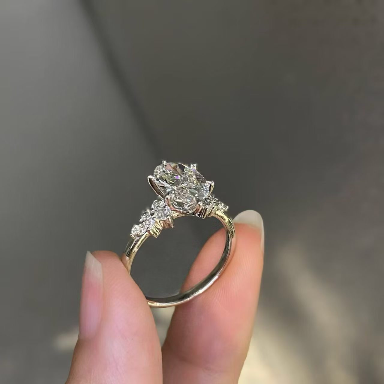 Oval Shoulder Accent Lab Diamond Engagement Ring | 2.00ct D Color | 18K Solid White Gold | TR00110