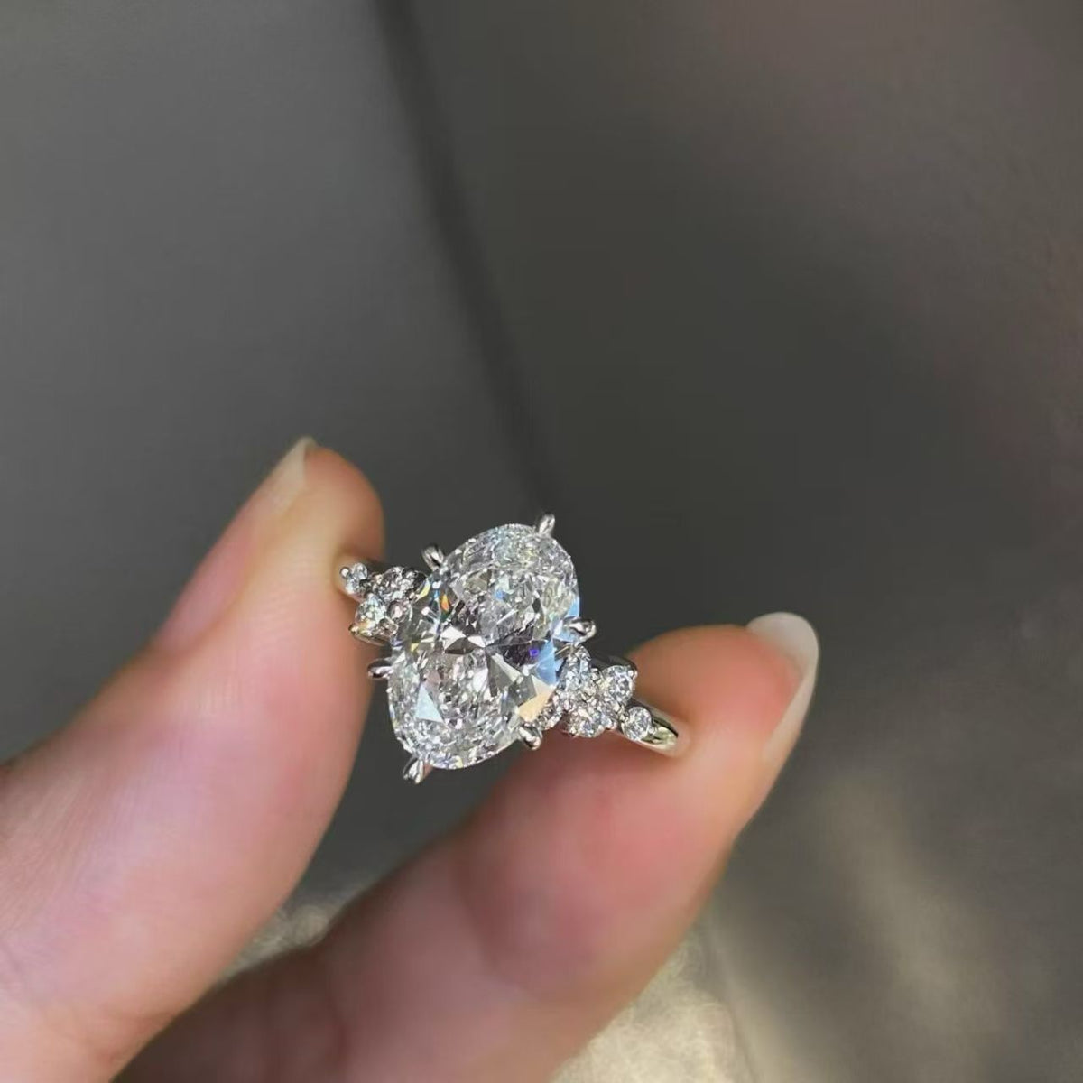 Oval Shoulder Accent Lab Diamond Engagement Ring | 2.00ct D Color | 18K Solid White Gold | TR00110