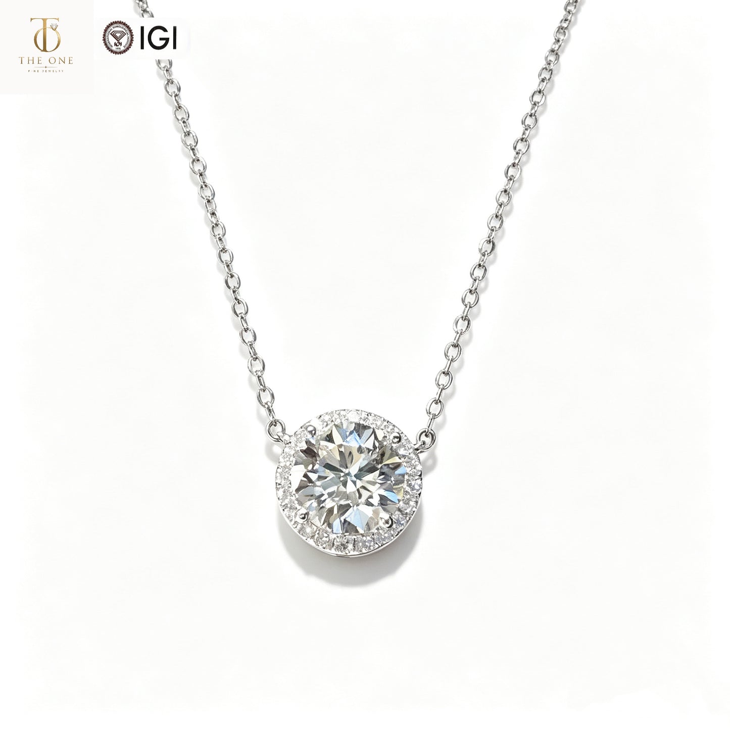 Round Halo Lab Diamond Pendant Necklace | 1.59ct D Color | 18K Solid White Gold | TN00159