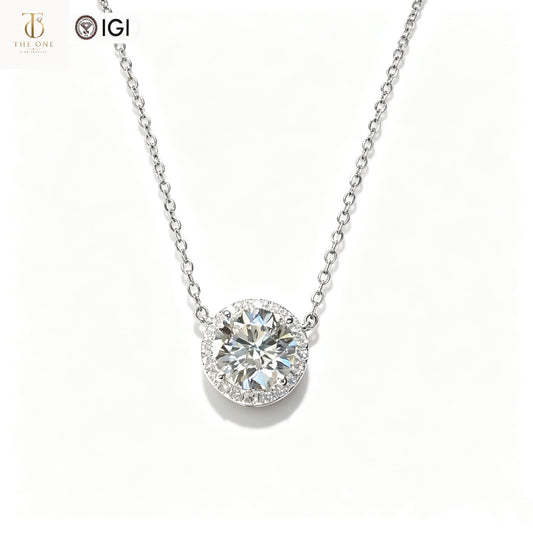 Round Halo Lab Diamond Pendant Necklace | 1.59ct D Color | 18K Solid White Gold | TN00159