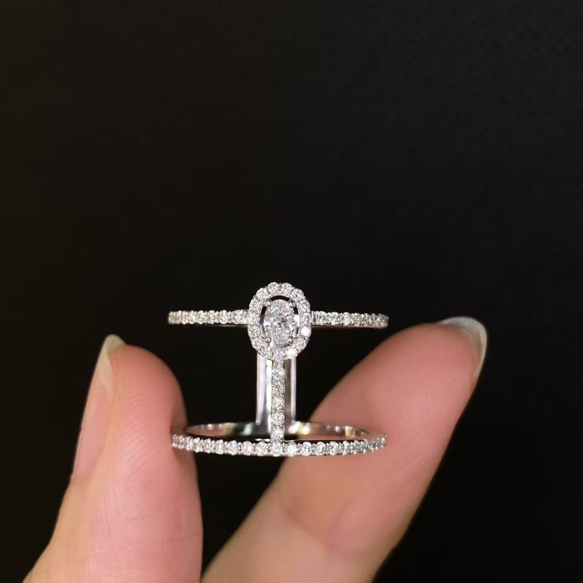 Double Band Geometric Halo Lab Diamond Fashion Ring | 18K Solid White Gold | TR018