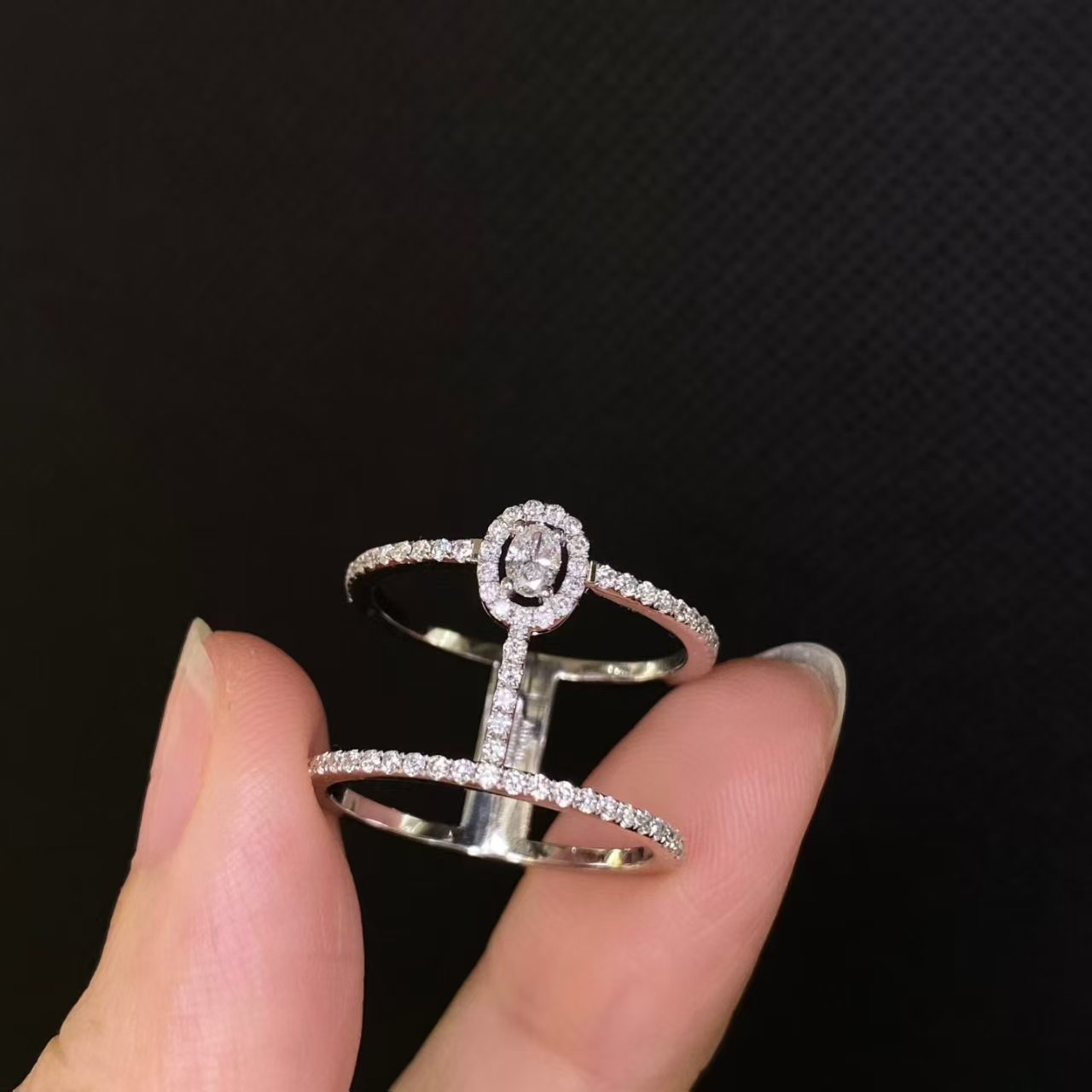 Double Band Geometric Halo Lab Diamond Fashion Ring | 18K Solid White Gold | TR018