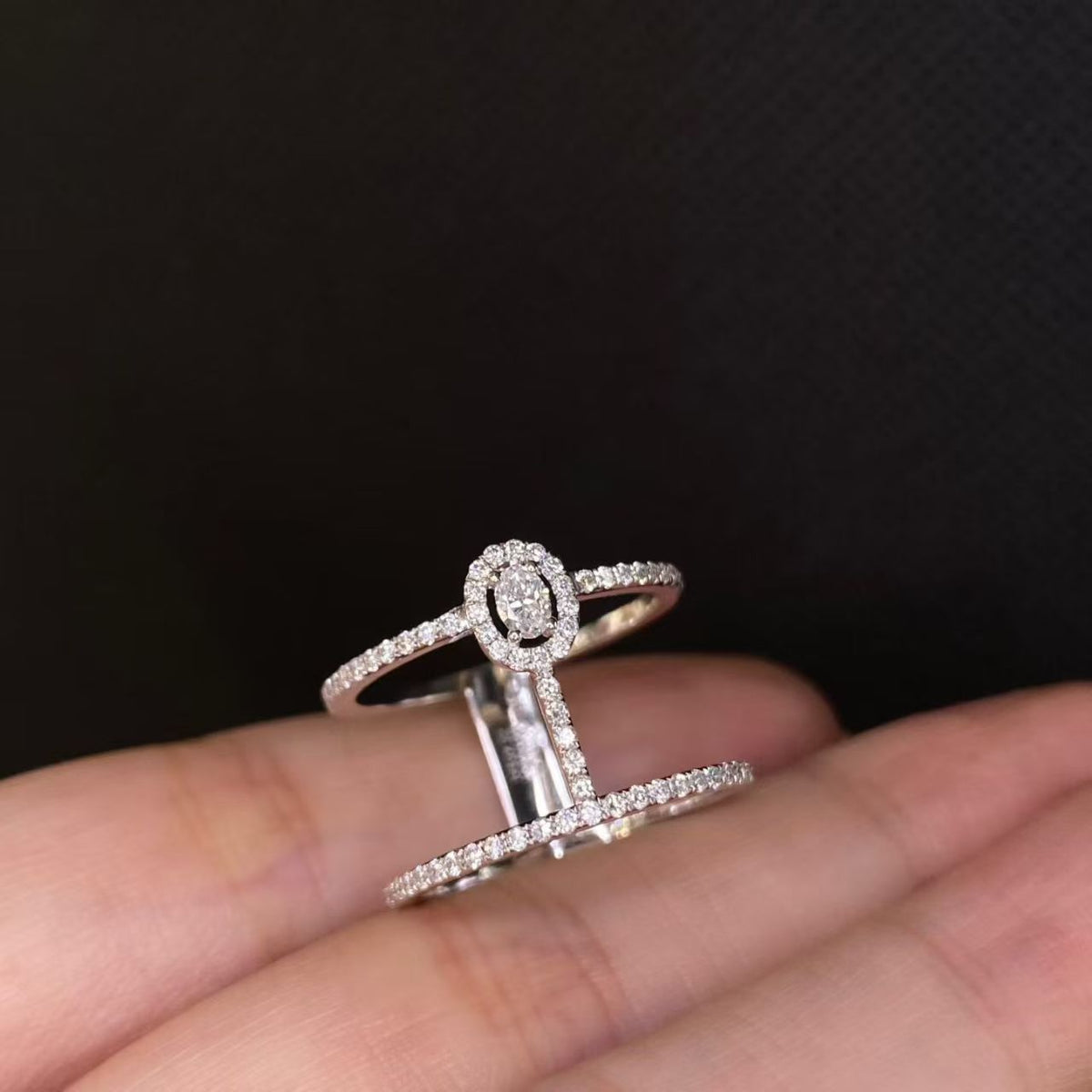 Double Band Geometric Halo Lab Diamond Fashion Ring | 18K Solid White Gold | TR018