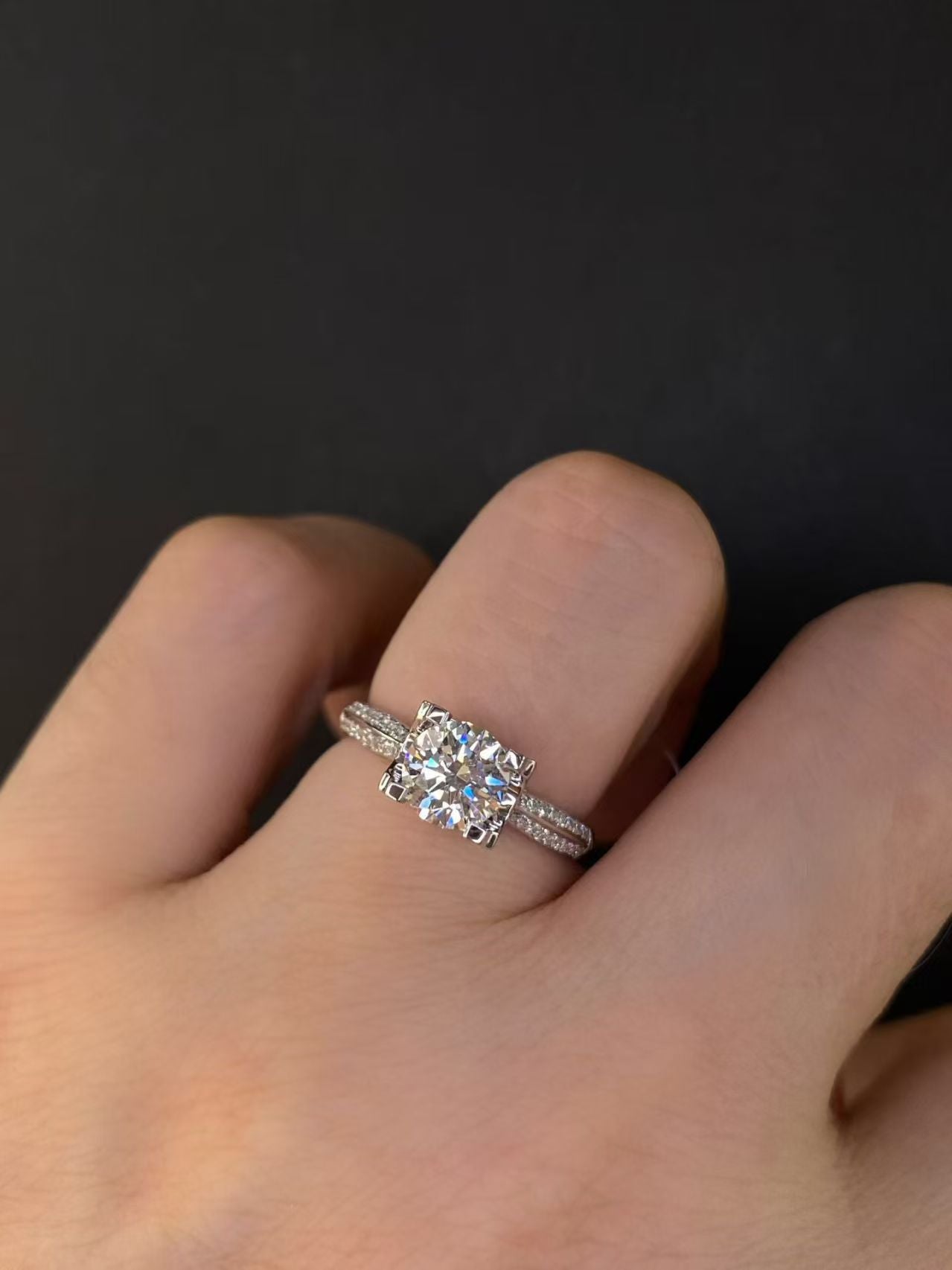 Round Brilliant Pavé Lab Diamond Engagement Ring | 1.02ct D Color | 18K Solid White Gold | TR00209