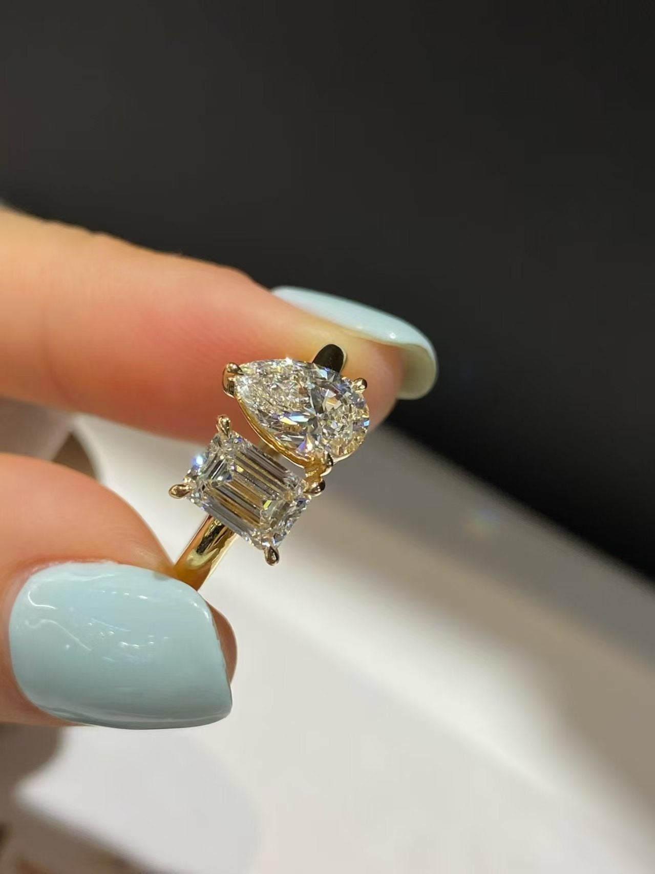 Emerald & Pear Two-Stone Bypass Lab Diamond Ring | 2.180ct D Color | 18K Solid Yellow Gold | TR00196