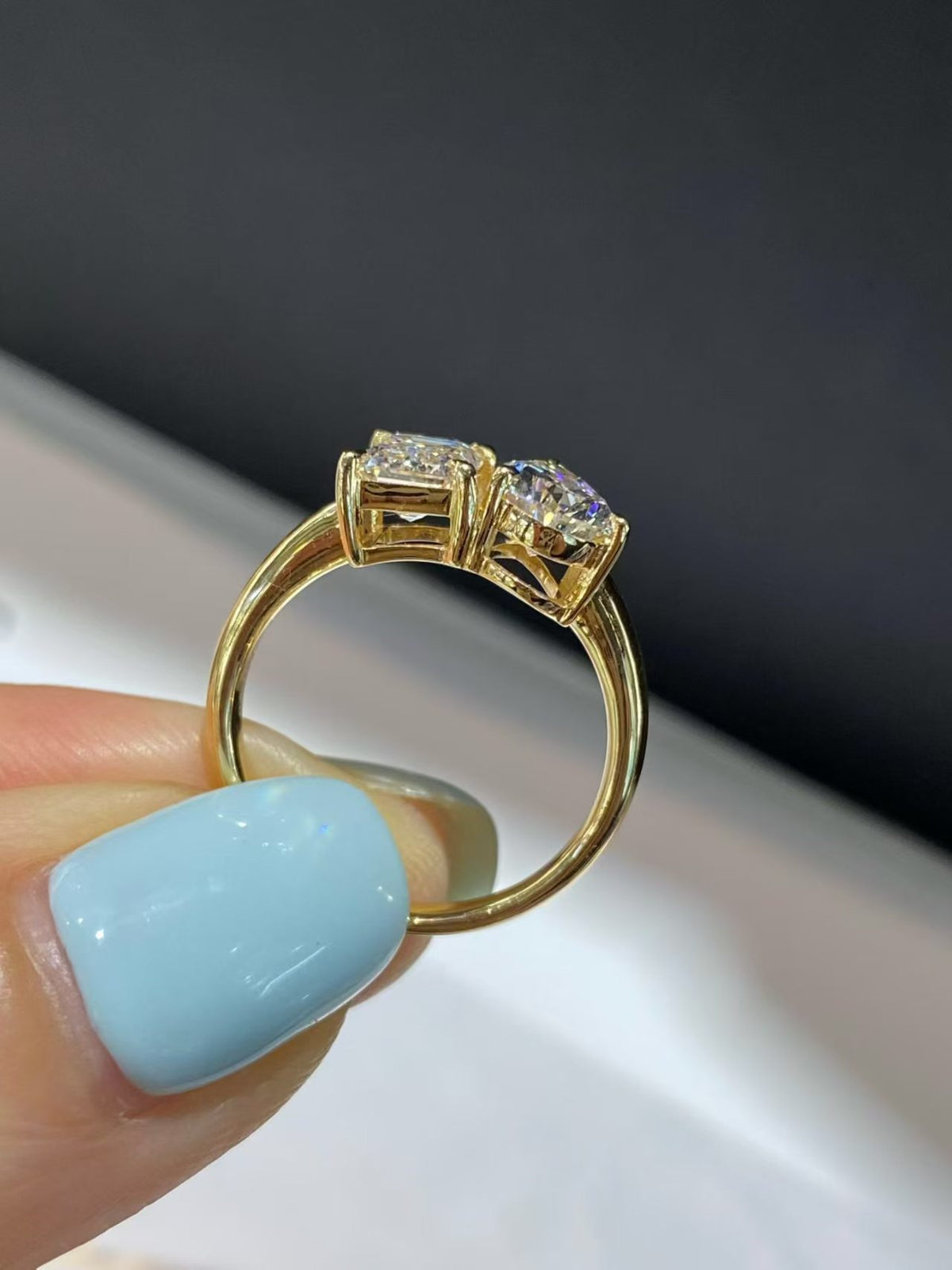 Emerald & Pear Two-Stone Bypass Lab Diamond Ring | 2.180ct D Color | 18K Solid Yellow Gold | TR00196