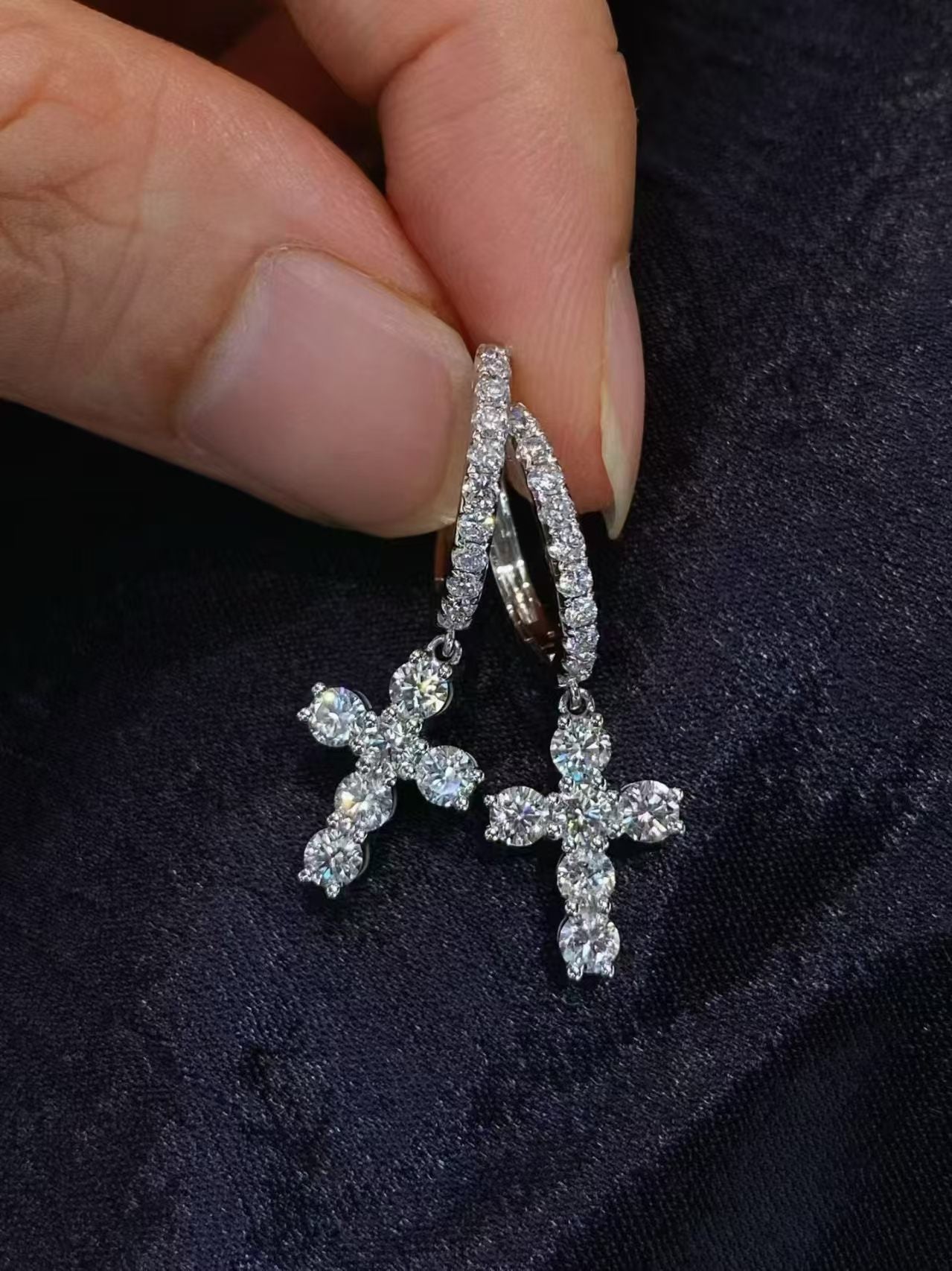 Cross Drop Pavé Lab Diamond Hoop Earrings | 1.77ct D Color | 18K Solid White Gold | TE0010