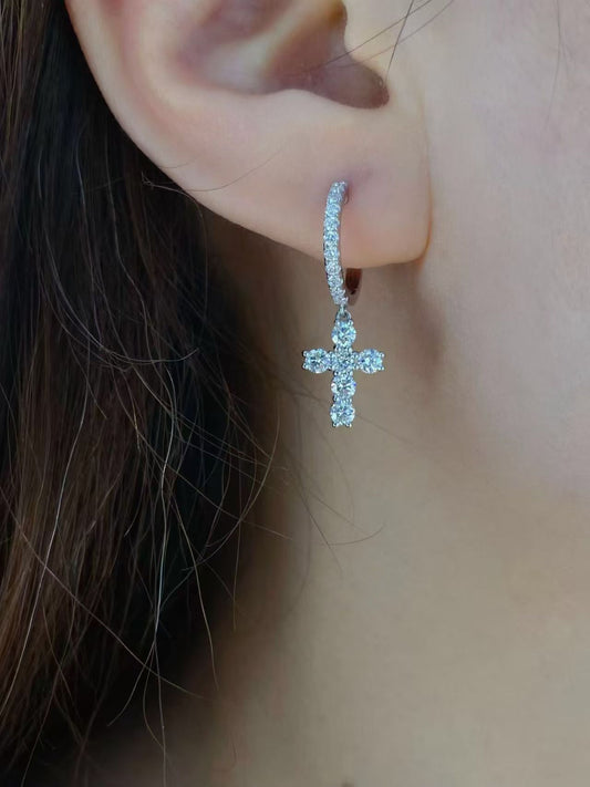 Cross Drop Pavé Lab Diamond Hoop Earrings | 1.77ct D Color | 18K Solid White Gold | TE0010