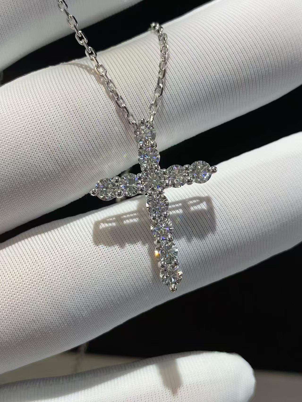 Cross Pavé Lab Diamond Pendant Necklace | 1.246ct D Color | 18K Solid White Gold | TN005