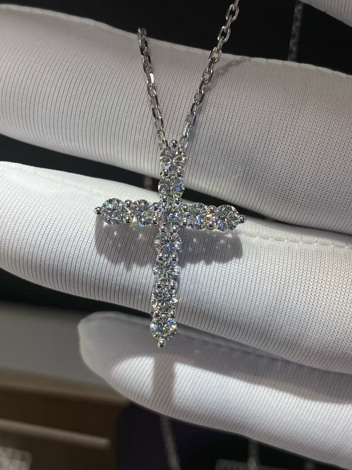 Cross Pavé Lab Diamond Pendant Necklace | 1.246ct D Color | 18K Solid White Gold | TN005