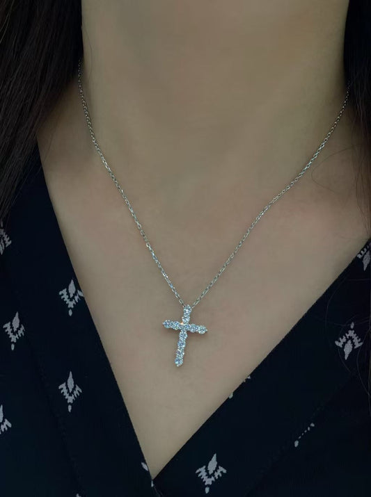 Cross Pavé Lab Diamond Pendant Necklace | 1.246ct D Color | 18K Solid White Gold | TN005