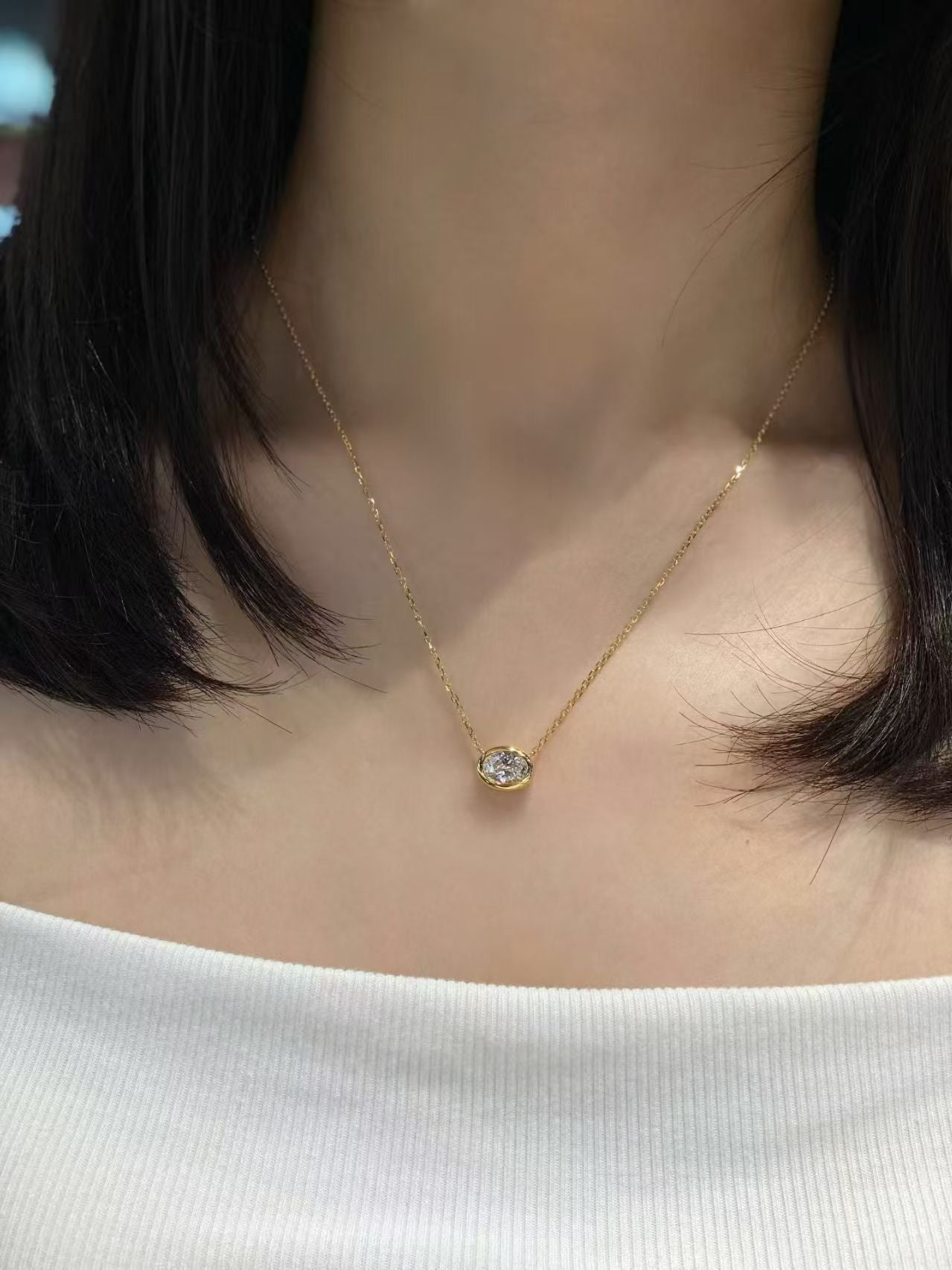 Oval Bezel Lab Diamond Pendant Necklace | 1.020ct D Color | 18K Solid Yellow Gold | TN00166