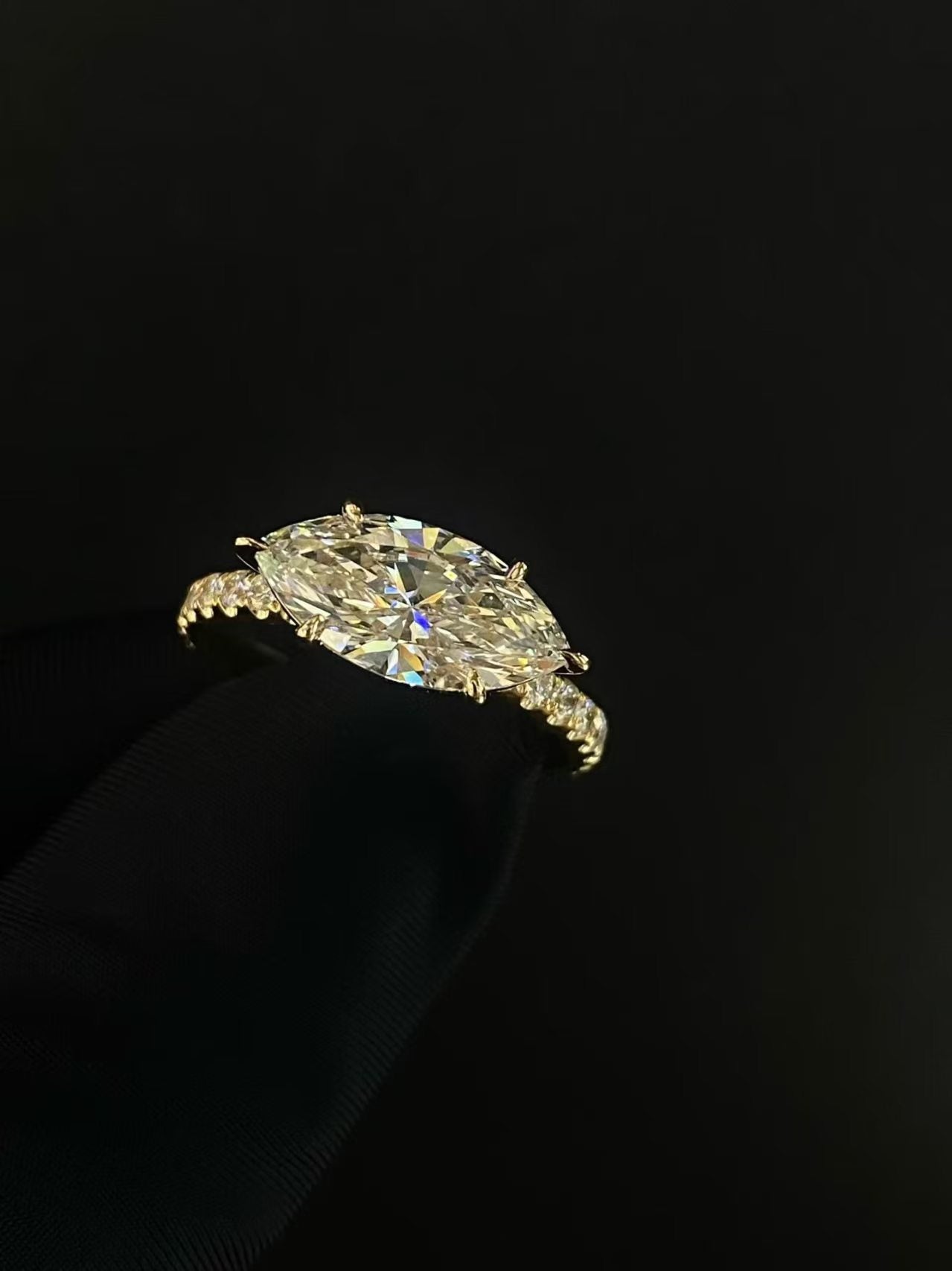 Marquise Cut Pavé Lab Diamond Engagement Ring | 2.02ct D Color | 18K Solid Yellow Gold | TR00147