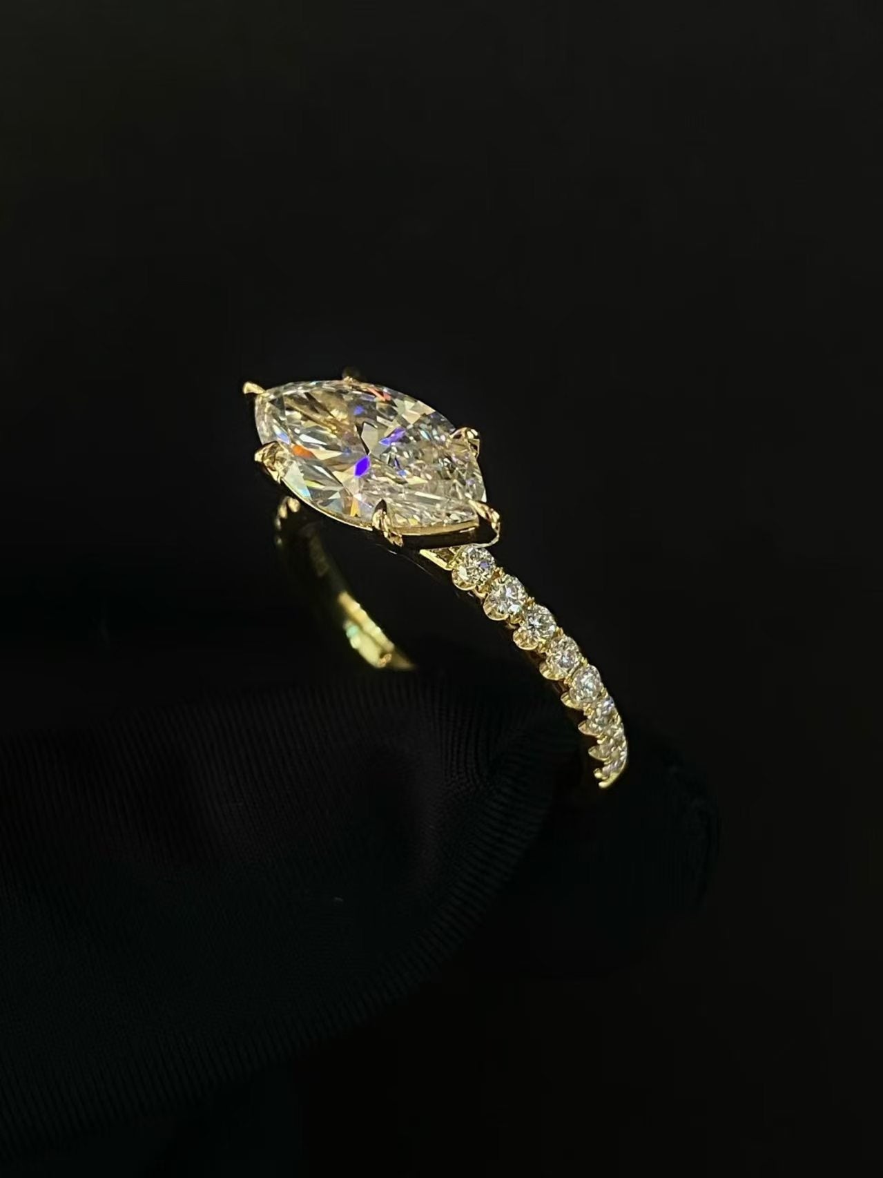 Marquise Cut Pavé Lab Diamond Engagement Ring | 2.02ct D Color | 18K Solid Yellow Gold | TR00147