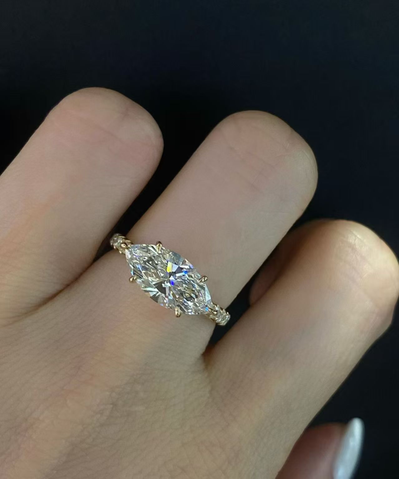 Marquise Cut Pavé Lab Diamond Engagement Ring | 2.02ct D Color | 18K Solid Yellow Gold | TR00147