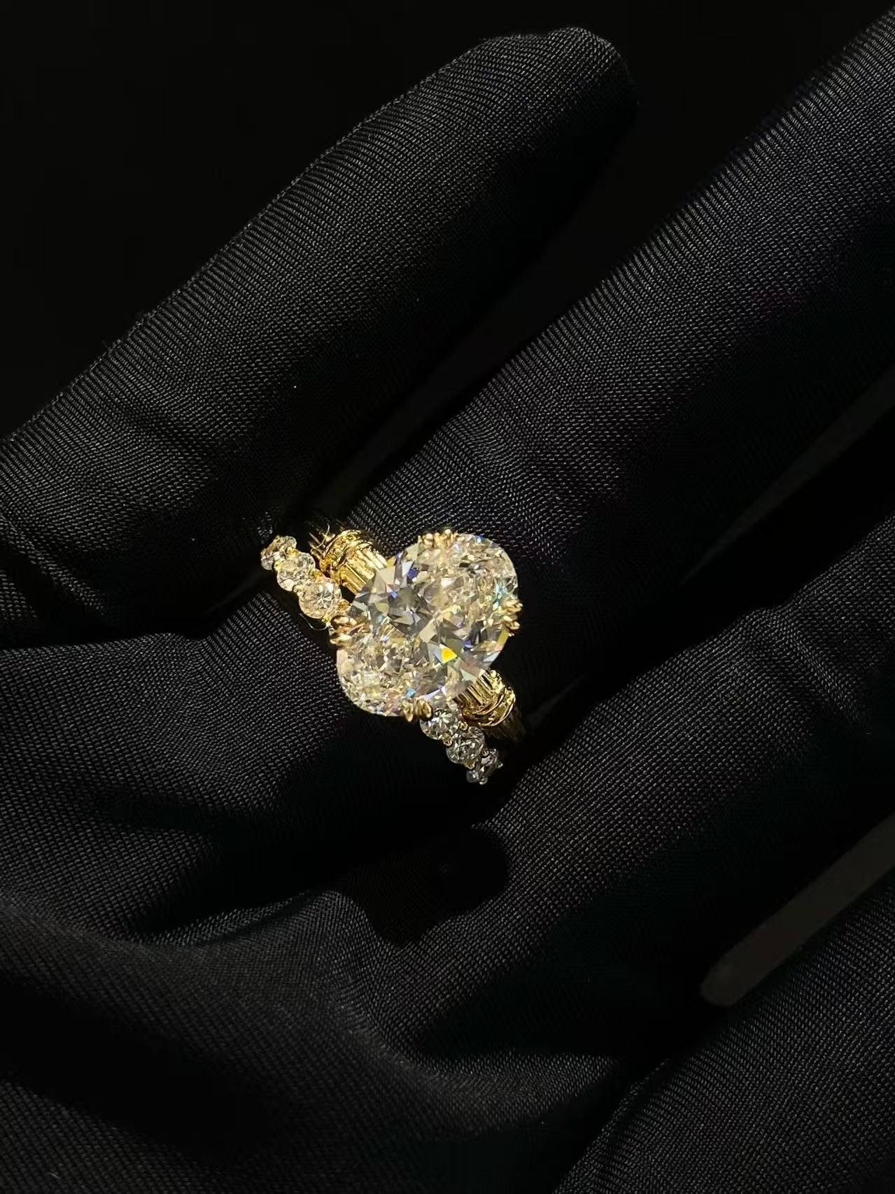 Oval Cut Side Stone Lab Diamond Engagement Ring | 3.000ct D Color | 18K Solid Yellow Gold | TR00141