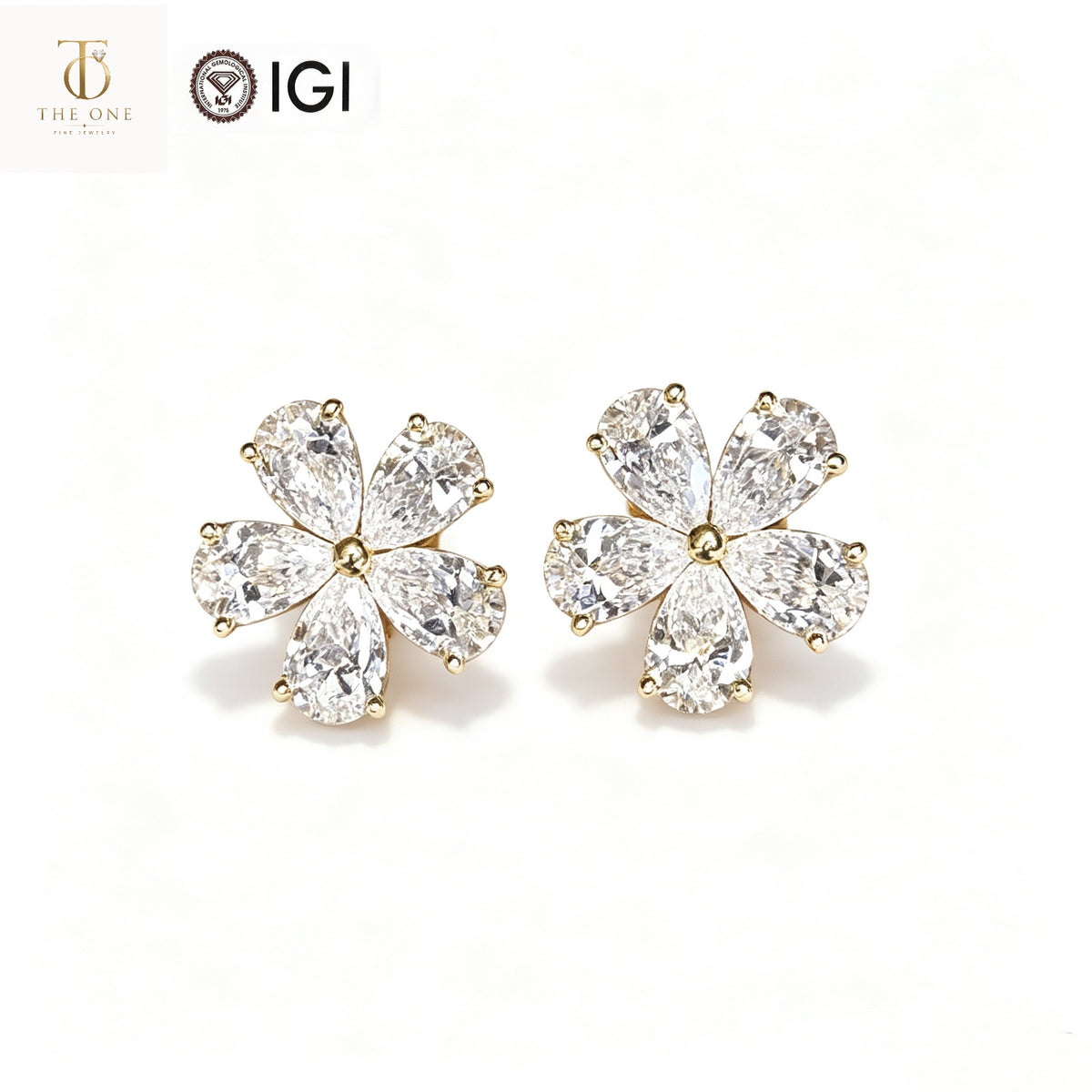 Pear Cut Floral Cluster Lab Diamond Stud Earrings | 1.57ct D Color | 18K Solid Yellow Gold | TE00121