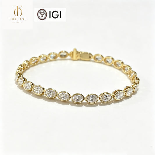 Oval Bezel Lab Diamond Tennis Bracelet | 4.568ct D Color | 18K Solid Yellow Gold | TT00171