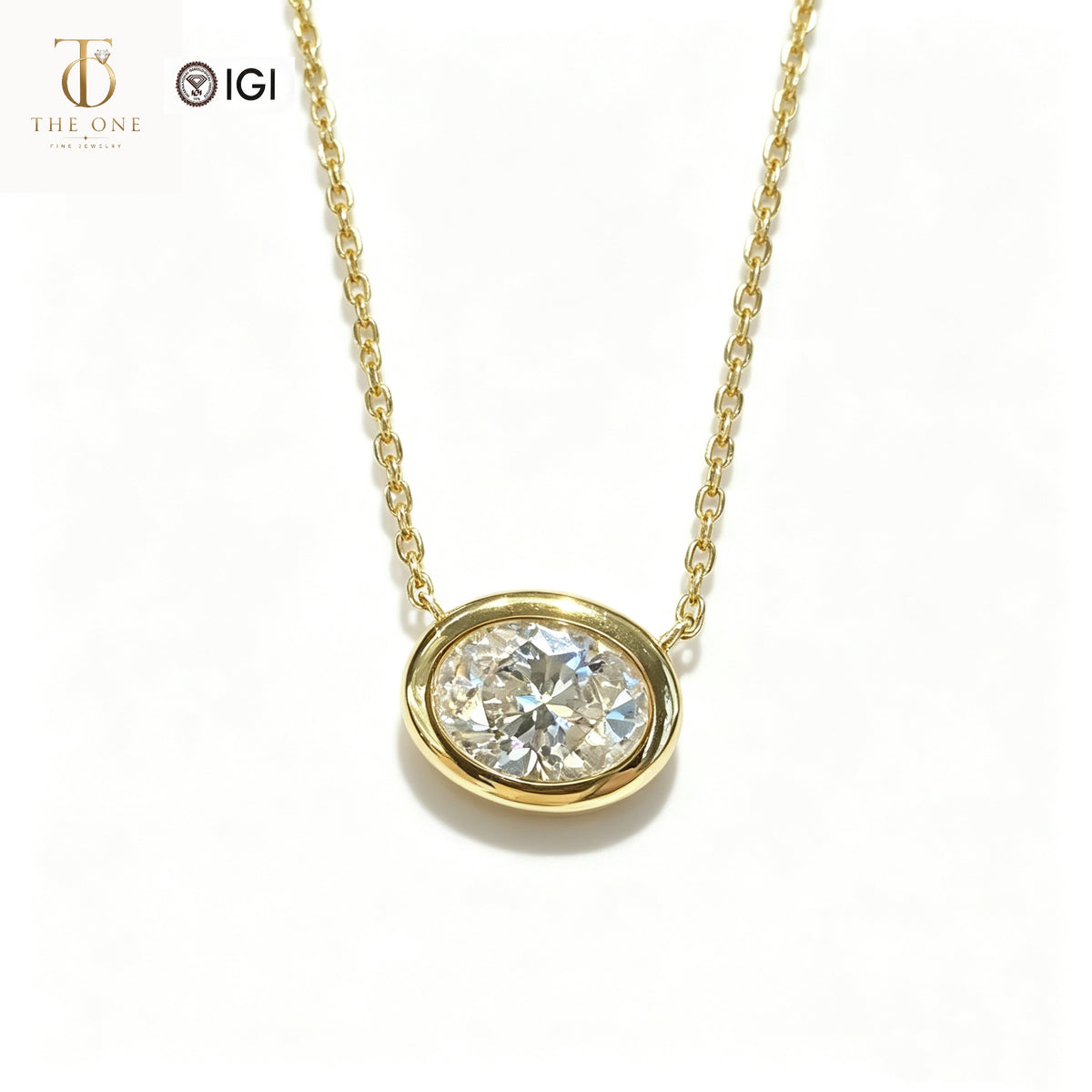 Oval Bezel Lab Diamond Pendant Necklace | 1.020ct D Color | 18K Solid Yellow Gold | TN00166