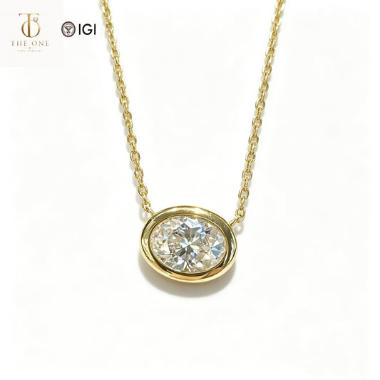 Oval Bezel Lab Diamond Pendant Necklace | 1.020ct D Color | 18K Solid Yellow Gold | TN00166