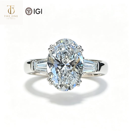 Oval & Baguette Three-Stone Lab Diamond Ring | 3.07ct D Color | PT950 Platinum | TR0099