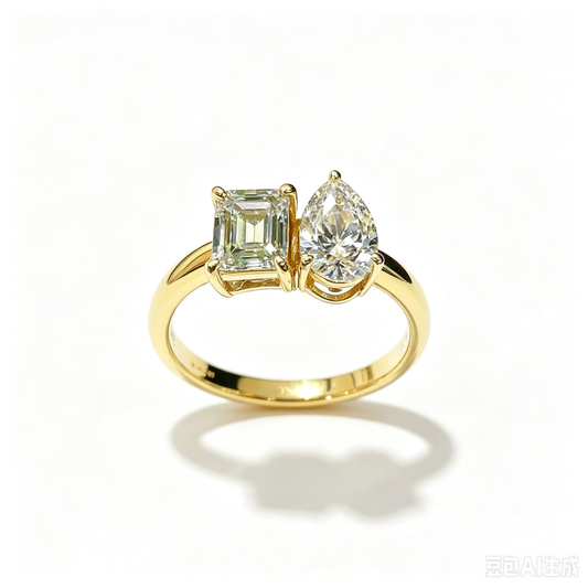 Emerald & Pear Two-Stone Bypass Lab Diamond Ring | 2.180ct D Color | 18K Solid Yellow Gold | TR00196