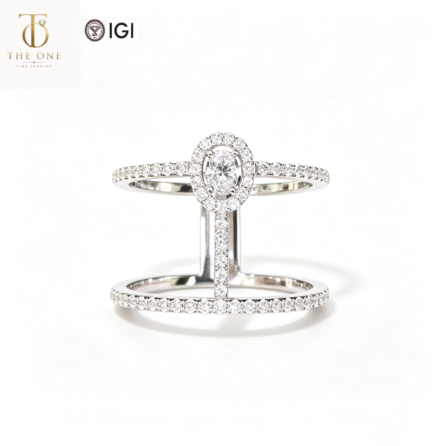 Double Band Geometric Halo Lab Diamond Fashion Ring | 18K Solid White Gold | TR018