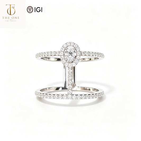Double Band Geometric Halo Lab Diamond Fashion Ring | 18K Solid White Gold | TR018
