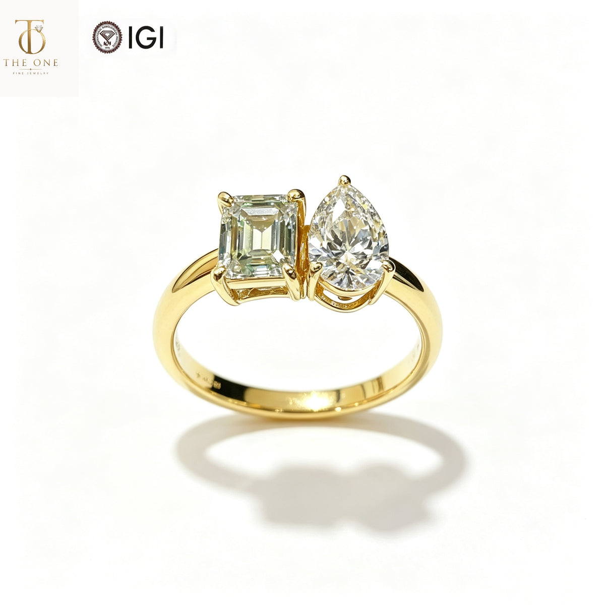 Emerald & Pear Two-Stone Bypass Lab Diamond Ring | 2.180ct D Color | 18K Solid Yellow Gold | TR00196