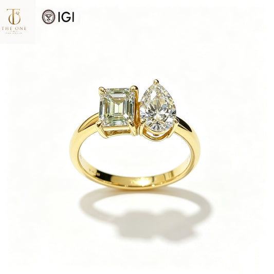 Emerald & Pear Two-Stone Bypass Lab Diamond Ring | 2.180ct D Color | 18K Solid Yellow Gold | TR00196