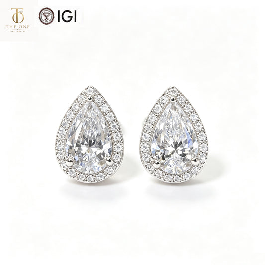 Pear Halo Lab Diamond Stud Earrings | 2.02ct D Color | Platinum | TE00153