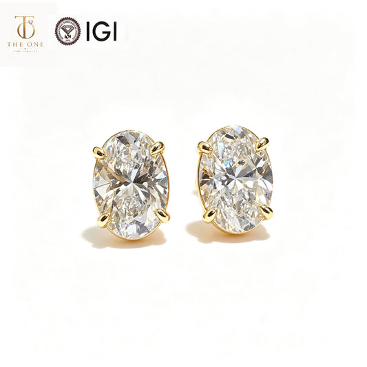 Oval solitaire lab diamond stud earrings product shot with IGI and The One Jewelry branding