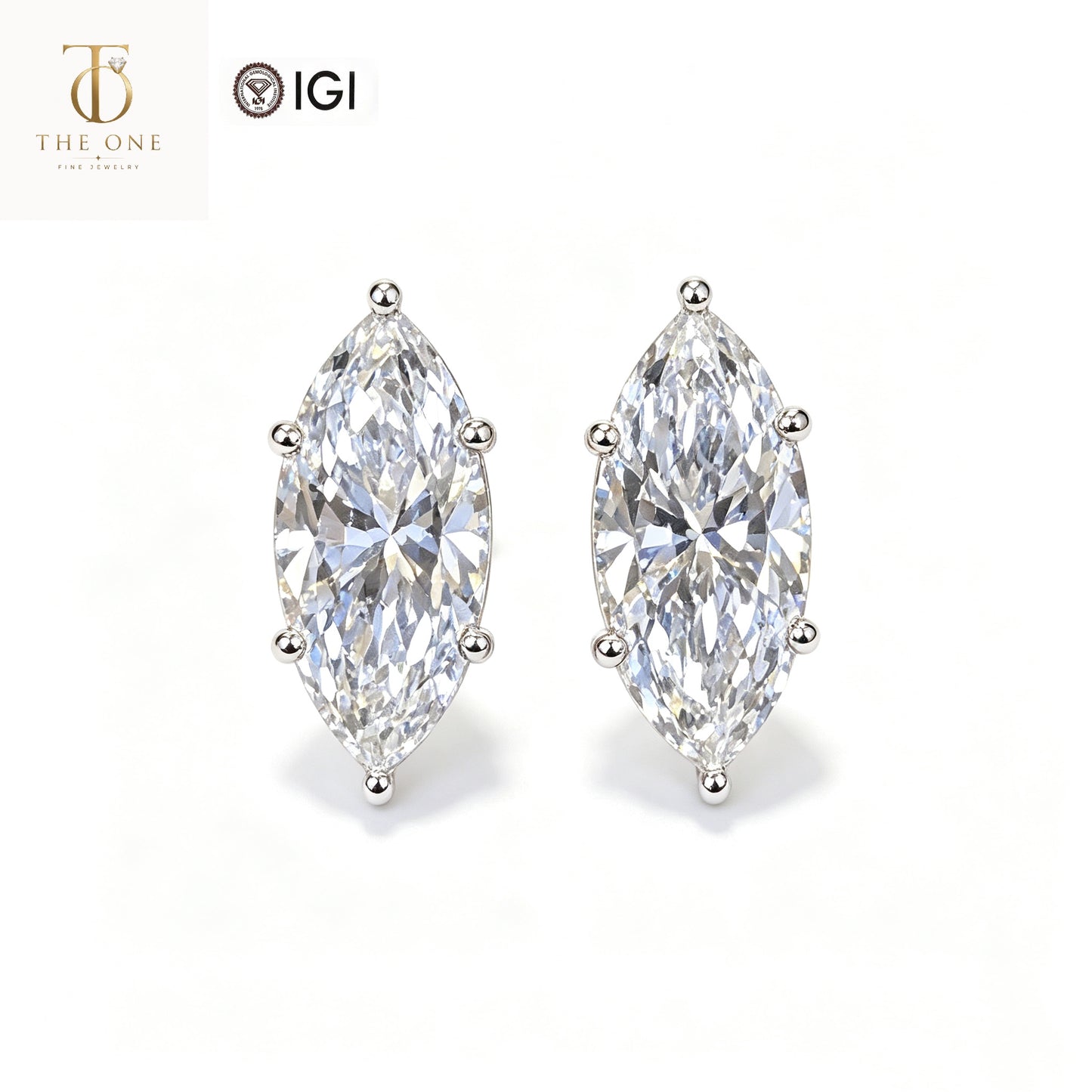 Marquise solitaire lab diamond stud earrings product shot with IGI and The One Jewelry branding