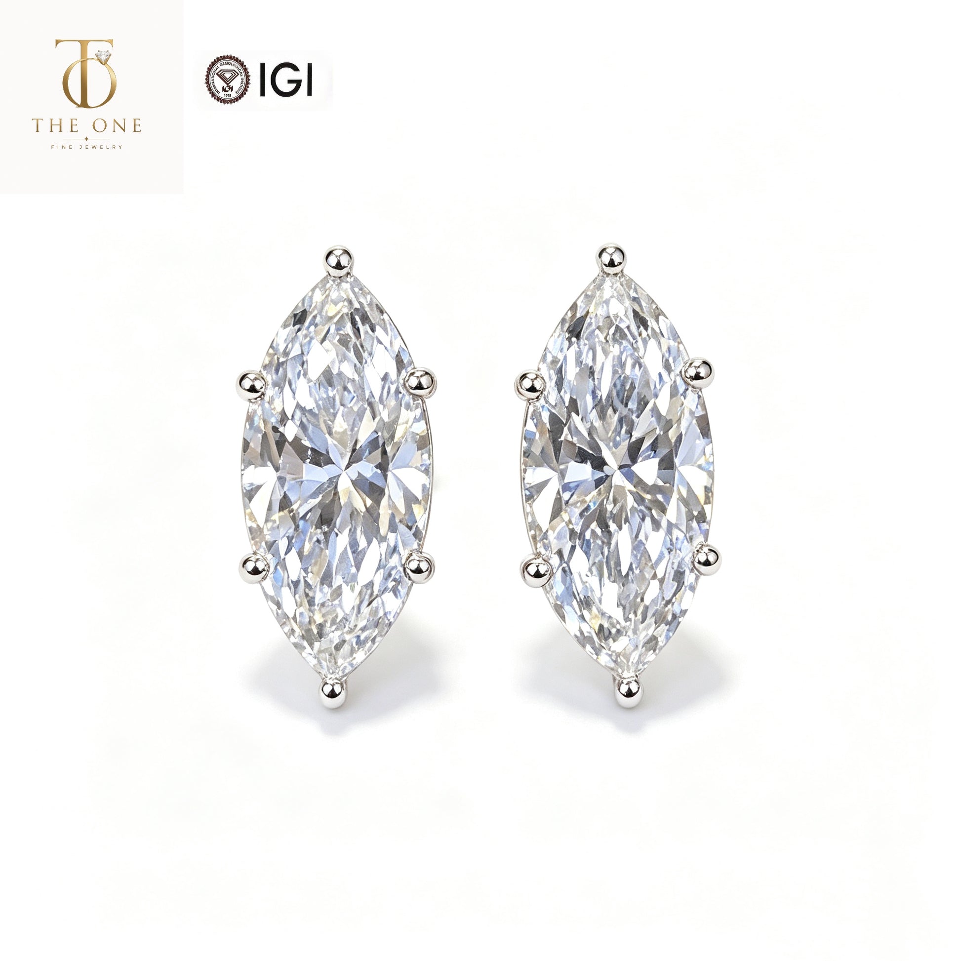 Marquise solitaire lab diamond stud earrings product shot with IGI and The One Jewelry branding