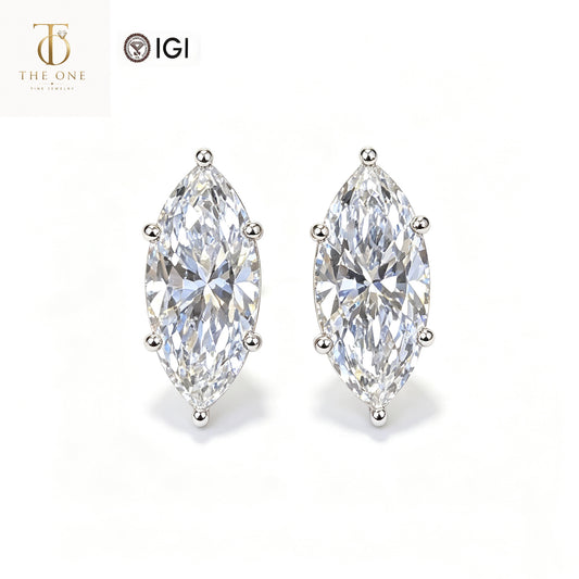 Marquise solitaire lab diamond stud earrings product shot with IGI and The One Jewelry branding