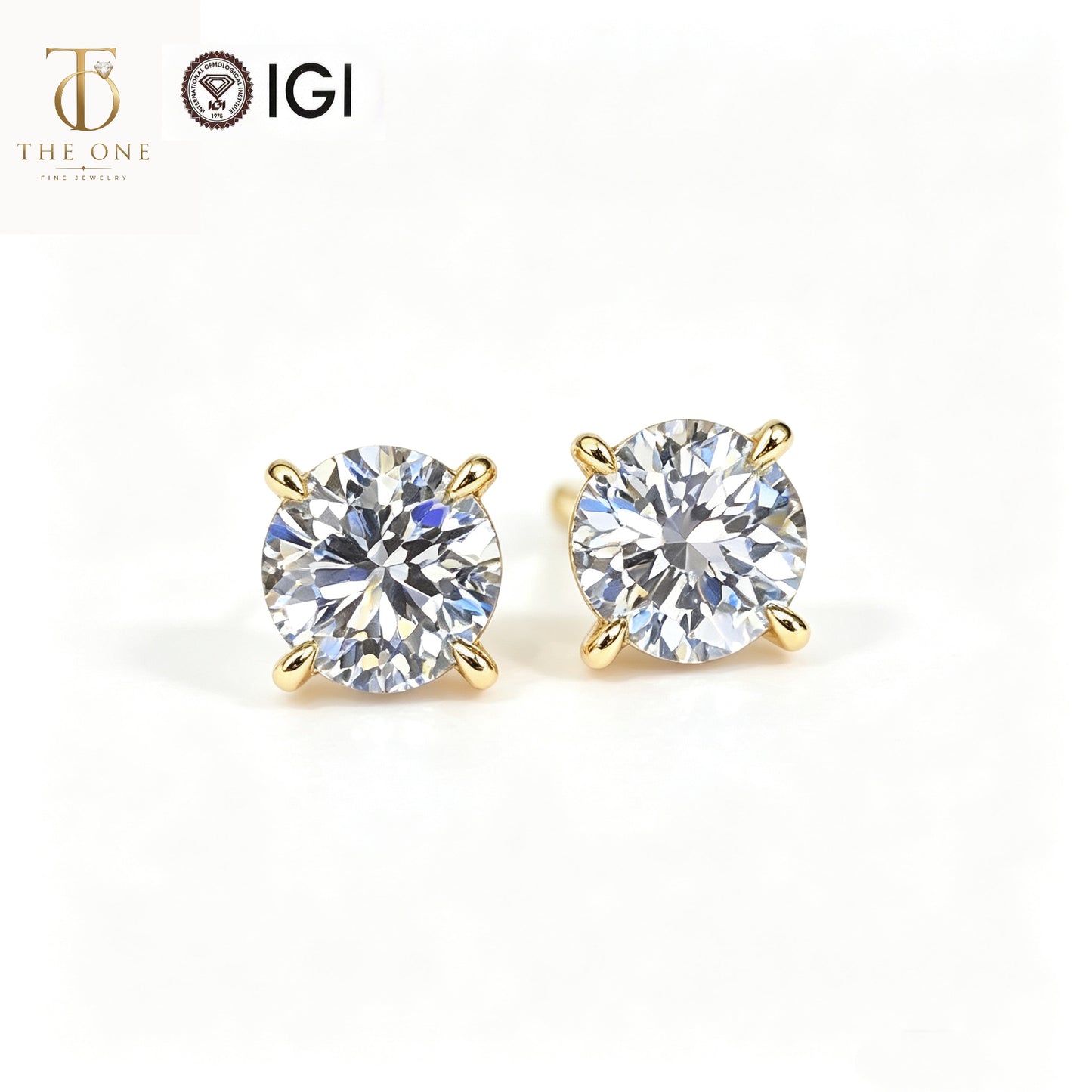 Round brilliant lab diamond stud earrings product shot with IGI and The One Jewelry branding