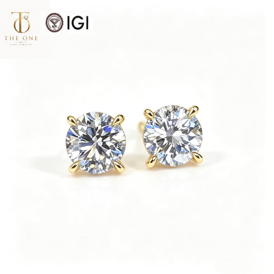 Round brilliant lab diamond stud earrings product shot with IGI and The One Jewelry branding