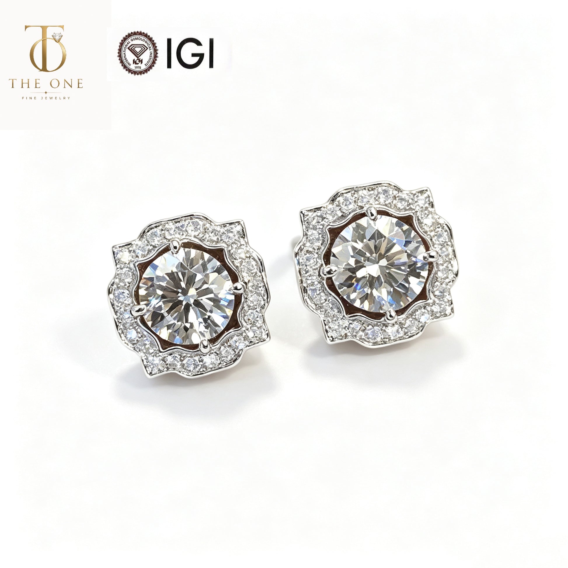 Round brilliant halo lab diamond stud earrings product shot with IGI and The One Jewelry branding