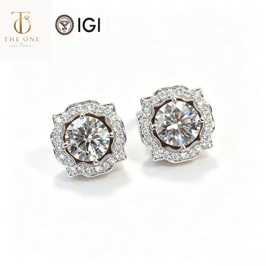 Round brilliant halo lab diamond stud earrings product shot with IGI and The One Jewelry branding